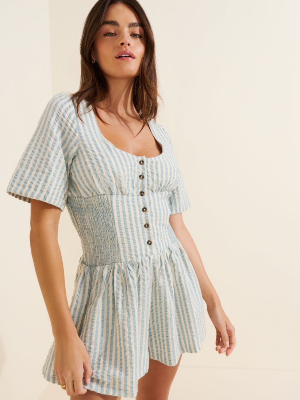 Free People Blue & White Striped Smocked Romper